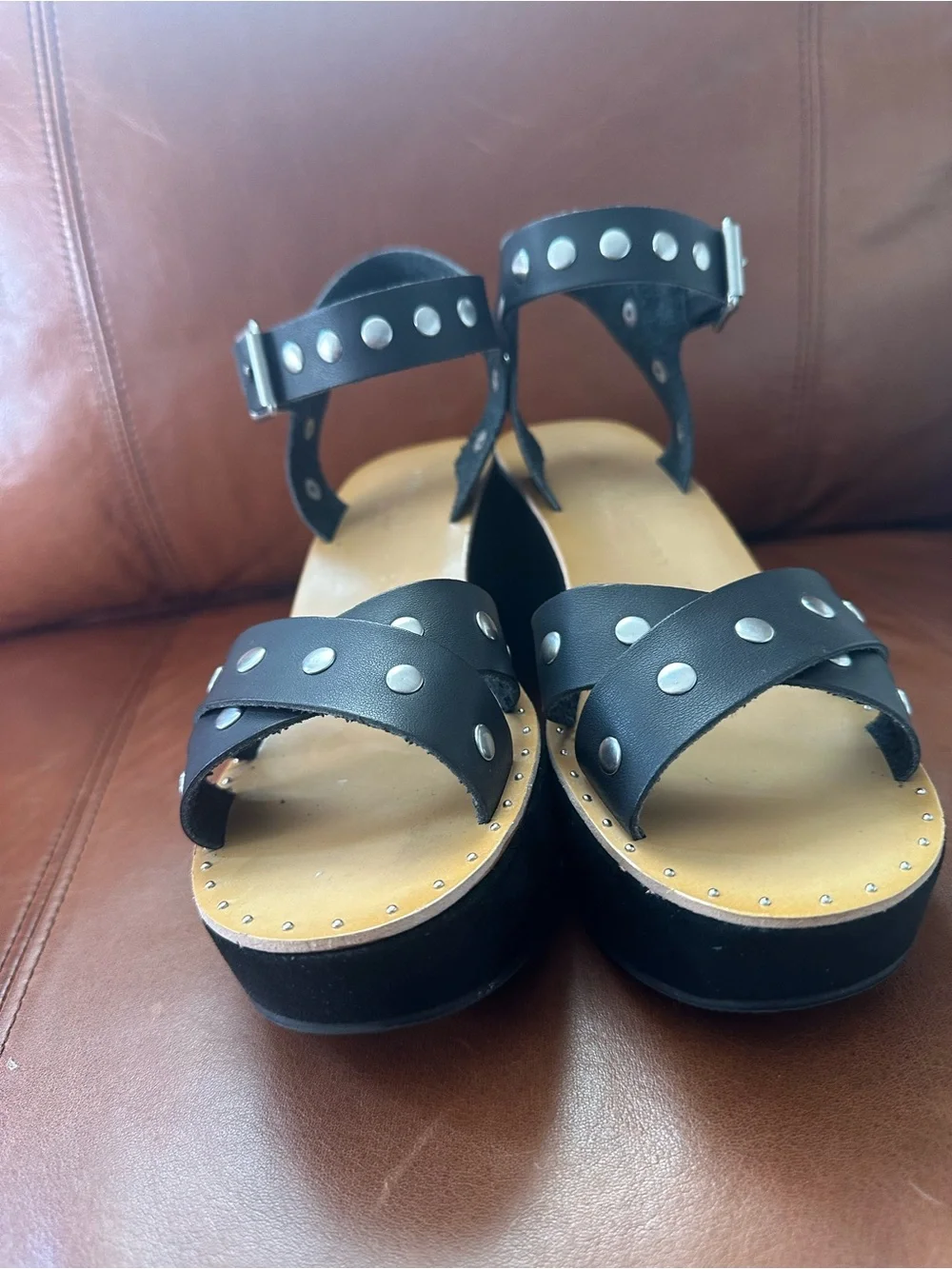 Chinese Laundry Black Leather Studded Ankle Strap Wedge Sandals  9